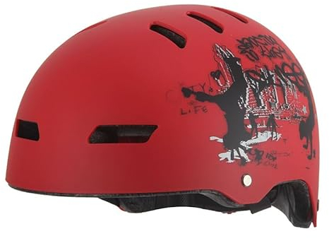 Kinder Fahrradhelm AERO – Fahrrad Halbschalenhelm für Kinder, ABS-Schale, robuster Kinderhelm für Radfahren, Skateboarden und Reiten, Rot matt mit Print, Größe M, 52 – 59 cm