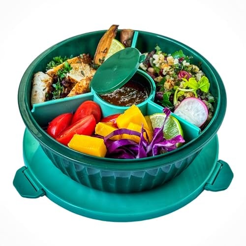 Yumbox Leakproof Poke Salad Bowl with Removable 3-Section Divider, built-in dip well and removable dip cup - 4.2 Cups Volume, Easy-Open with Triple Latches (Kale Green), KGP2023103