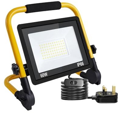 TobeBright 60W LED Work Light, Job Site Light, Plug in Folding Floodlight, 6500K Cold White, 5200lm, IP66 Outdoor Construction Lighting with Detachable Stand, for Car Repairing Home Workshop Garage