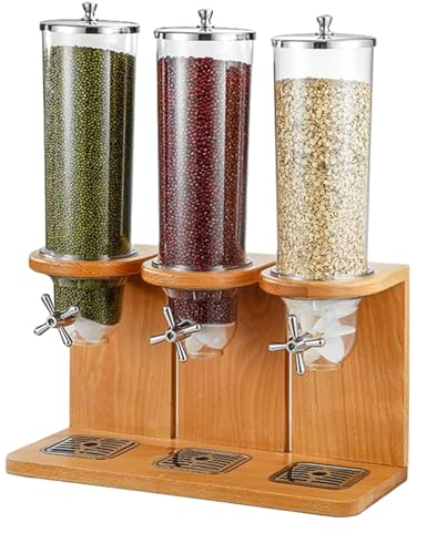 YOtat 3.5L/7L/10.5L Dry Food Dispenser, Triple Heads Cereal Dispenser Countertop Cereal Containers Storage Dispenser with PC Barrel and Wood Base for Rice, Candy, Bean, Nuts (A Triple head)
