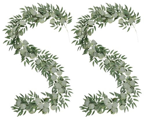 Famibay Künstliche Eukalyptus- und Weidenblätter-Girlande, 1,8 m, grüne Eukalyptus-Ranken, Tischläufer, Girlande, Kunststoff, Hängepflanze für Hochzeit, Wandbogen, Dekoration, 2 Stück