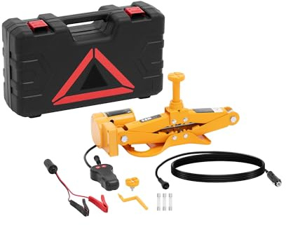 MSW MSW-ECJ-12-02 Elektrischer Wagenheber 12 V Radwechsel-Set Scherenwagenheber Hubhöhe: 12-42 cm Last max.: 3 t mit 2 Sätteln, Fernbedienung, Ersatzsicherungen, Warndreieck Autoheber Scherenheber