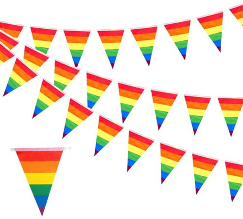 iwiio 26.2ft Pride Bunting Flags, Gay Pride Flag, 25 Triangle Flags Banner, LGBT Colorful Stripes Bunting for Pride Decorations, Pride Month, Home, School, Bars, Garden Decor