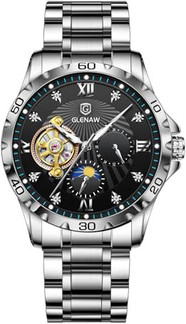 GLENAW Automatikuhren für Herren, Strass-Marker, wasserdichte Uhren für Herren, Edelstahlband, Skelett, selbstaufziehend, mechanische Uhr, Diamant-Zifferblatt, Armbanduhr, Party, Silberfarben, Grün,