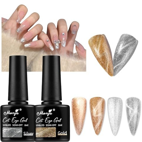 Platinum Cat Eye Gel Nail Polish, Cat Eye Gel Polish Silver Gold Sparkly Shine Glitter Gel Nail Polish, Magic Shimmer Holographic Soak Off UV LED Nail Polish Gel Salon Manicure Nail Art DIY (8ML)