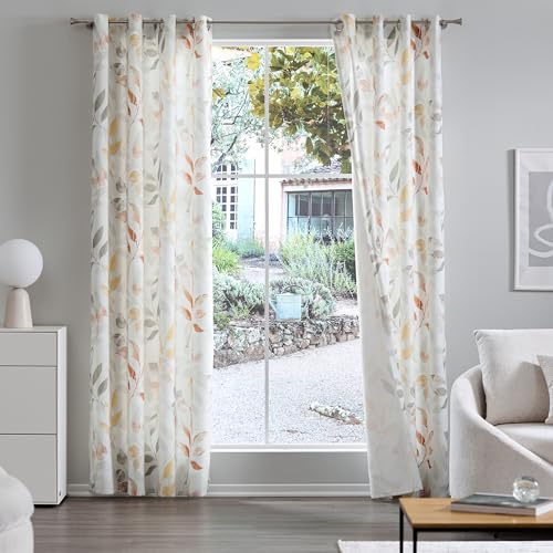 Como Gardinen 2er Set Vorhänge 245 x 140 cm Orange-Gelb mit floralem Print - Blickdichte lichtdurchlässige Ösenschals aus Polyester Wohnzimmer Kinderzimmer Schlafzimmer Büro