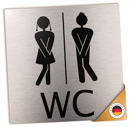 WC Schild 12x12cm silber gebürstet, hochwertiges Alu-Verbundmaterial mit UV Druck, Licht & wetterbeständig, selbstklebend, Toilettenschild, Hinweisschild, Damen und Herren