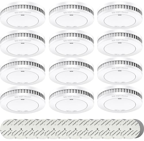 RUNIDUR Détecteur de Fumée de Set sans Fausses Alarmes, Alarmes D'incendie sans Clignoter pour Un Collage, des Détecteurs D'incendie pour 10 Ans de Batterie, Blanc, Lot de 12