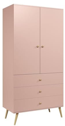 BETTSO - Kleiderschrank mit Schubladen und Kleiderstange - mit hohen Beinen aus Holz - Kleiderschrank 100cm breit, 202cm hoch - Schrank für Schlafzimmer, Wohnzimmer, Flur - Puderrosa
