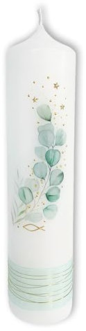 FRITZ COX Taufkerze mit grünem Eukalyptusmotiv | mit Wachs veredelt | Stoff-Bordüre mit goldenem Draht | Brenndauer bis zu 54 Stunden | Größe ca. 40 cm x Ø 4 cm oder 25 cm x Ø 6 cm (Tischkerze)
