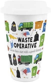 Purely Home Waste Operative Ceramic Travel Mug - Humorous Bin Man Worker Novelty Gifts/Presents - Reusable Silicone Lid Double-Walled Insulated Hot/Cold Drinks Flask Cup