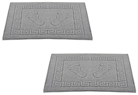 Molten Creek® Bath Mats, Classic Greek Key Design, Terry Cloth Foot Towel, Quicky Dry, Soft and Absorbent, 750 GSM, Easy to Wash, Lightweight, 100% Cotton, 50x70 cm (2, Grey)