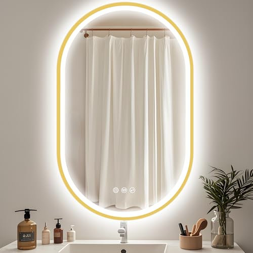 STARLEAD Dorado Espejo-Baño-Ovalado-con-Luz y Bluetooth 80x50cm, Espejo-Baño-LED con Antivaho, Regulable, 3 Colores Luz, Memoria, IP44, Vidrio Templado, Horizontal/Vertical, Marco No Metálico