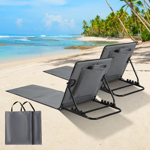Cecaylie 2er Set Faltbare Strandmatte 158CM, Tragbar Strandliegen mit Rückenlehne, Strandstuhl 5-stufige Verstellbar, Klappbar Strandliege für Strand, Camping, Grau
