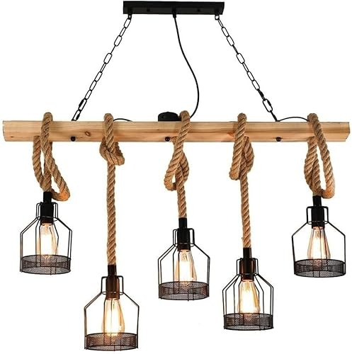 Chandelier Pendante en Bois rétro à 5 luminaires, lustres en Corde de Chanvre métallique Pendant Lamp