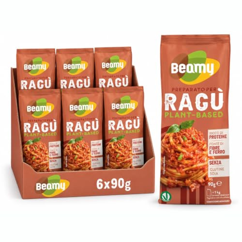 Beamy, Preparato per Ragù Plant-Based, Ricco di Proteine, Fonte di Fibre e Ferro, Alternativo alla Carne, Senza Glutine e Conservanti, 6x90 g