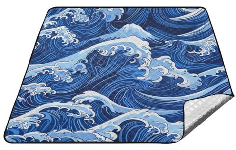 Amooorous Ukiyo-e wasserdichte Picknickdecke, japanische blaue Wellen, groß, für Partys, Picknickdecken, groß für 4 bis 6 Erwachsene, Picknickartikel