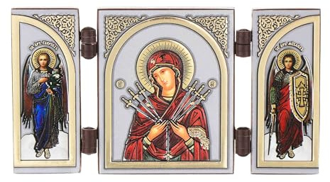 NKlaus Triptychon Holz, Gottesmutter der Sieben Pfeile, christlich, 1 Stück | Rückseite mit Dekorfolie veredelt; präzise Kanten und robuste Scharniere