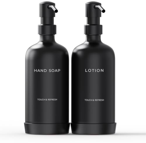 Soap Dispenser Bathroom - Hand Soap and Lotion Dispenser Set with Non-Slip Protective Silicone Pad, Modern Bathroom Decor & Accessories. (Black)