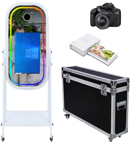 Magic Mirror Photo Booth Machine wiht 21.5 Touch Screen Mirror Photo Booth Selfie Photobooth Machine RGB Light for Event Rental Wedding Party (Machine+Camera+Mini Printer)