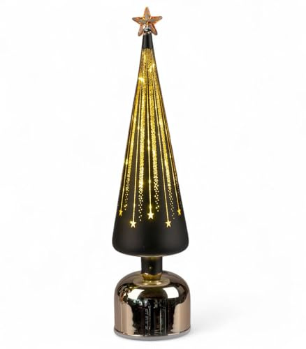 formano LED Weihnachtsbaum drehend Baum 38cm schwarz-Gold aus Farbglas mit Timer & Sternlicht - Moderne LED Deko mit 360° Bewegung - batteriebetrieben für Weihnachten & Festliche Ambientbeleuchtung
