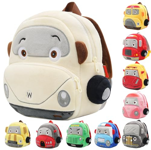 Generisch Personalisierter Kindergartenrucksack für Jungen mit besticktem Namen & 3D-Auto-Form, Kita Rucksack für Kleinkinder 2–5 Jahre, Weicher Plüsch Tagesrucksack (Beige)