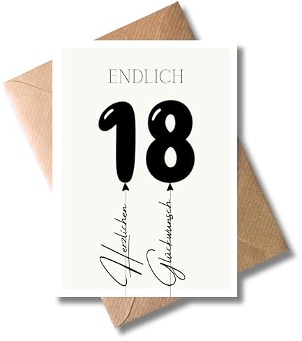 WBdesignz 18. Geburtstag Karte mit Umschlag - „endlich 18“ Glückwunschkarte für Mädchen & Jungen mit Ballon-Motiv - Herzlichen Glückwunsch - Volljährigkeit - stilvolle, moderne Geschenkkarte (DIN A6)