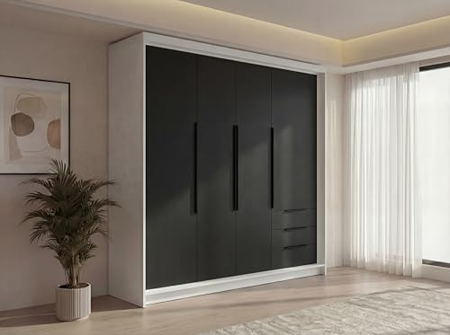 A&J MöbelLand KLARI Kleiderschrank 4-türig mit 3 Schubladen – 200 x 215 cm – Drehtürenschrank mit Kleiderstange und Einlegeböden