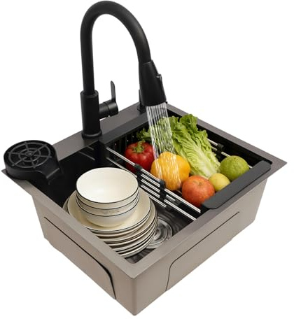 Fregadero de cocina negro 50 x 45 cm, acero inoxidable, 1 lavabo, fregadero de cocina con grifo extraíble, dispensador de jabón y escurridor, desagüe en forma de X, tres tipos de montaje, para cocina