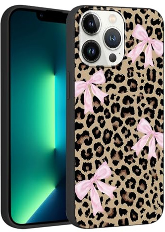 Foonary Leopard Pink Bow Print Case for iPhone 13 Pro Max 6.7,Cute Aesthetic Design Silicone Soft cheetah print Pattern Phone Cover for Girls, Preppy Shockproof Protective Case for Women