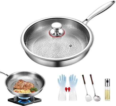 Qosneoun Sarten Mireve Acero 304, Sartén de Titanio Antiadherente Mireve, Sarten Titanio Puro, Resistente, Antiadherente, Apta Para Lavavajillas (Con tapa, S (20CM))