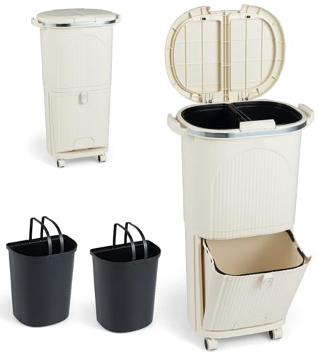 TANGZON Recycling Bins, 38L/43L Trash Can Garbage Bin with 3 Compartments, Wheels, Retractable Pedal, Handles & Stickers, 2 Tier Vertical Waste Separation System for Home Kitchen (Beige, 38L, 2 Lids)