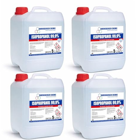 Ravensberger Chemie Isopropanol 99,9% IPA – Isopropylalkohol Reinigungsalkohol zum Entfetten & Reinigen – Lösungsmittel für Elektronik, Glas, Auto & Werkstatt (4 x 5 Liter)