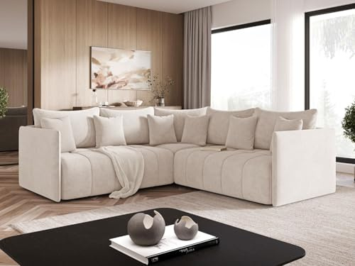 GRAINGOLD Ardi L Ecksofa modern mit Bettfunktion, 231x231 cm, L-Form Sofa, Schlafcouch für Wohnzimmer, Veloursstoff, 3-Sitzer Eckcouch, Ecksofa mit Bettkasten (Beige)