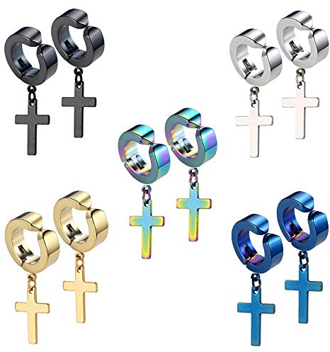 Fu You 5 Paar Edelstahl Fake-Ohrringe für Herren und Damen, Kreuz, Silber, Gold, Schwarz, Ohrringe, Clip, Creolen, Ringe, ohne Löcher, 14 mm
