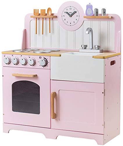 Tidlo Pink Country Play Kitchen | Wooden Cooking Set for Kids | Toy with Pretend Oven, Hob, Sink & Utensil Accessories | Roleplay Food Gifts for 3+ Year Old Girls & Boys | Child's Educational Playset