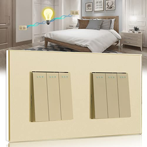 BSEED Lichtschalter 3 Fach 2 Wege +3 Fach 2 Wege Glas Lichtschalter Unterputz Taste Schalter Wechselschalter Gold Kristall Kippschalter