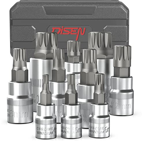 DISEN 10 Pieces XZN Triple Square Spline Bit Socket Set with Enhanced Storage Case, Chrome Vanadium Steel & S2 Alloy Steel, Metric Size 4MM-18MM