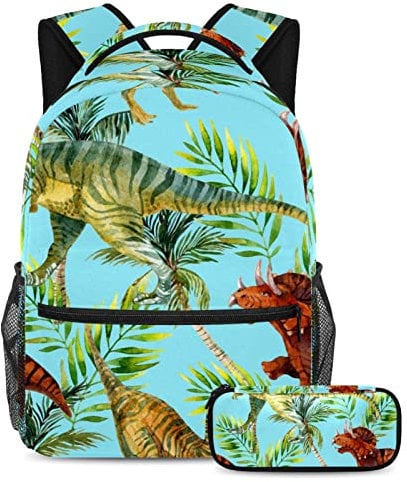 Jura-Dinosaurier-Palmen-Blatt Schultaschen-Set für Teenager, Mädchen, Jungen, Kinder, Student, Büchertasche, Rucksack mit Federmäppchen für die Grundschule, Sekundarstufe, Juni