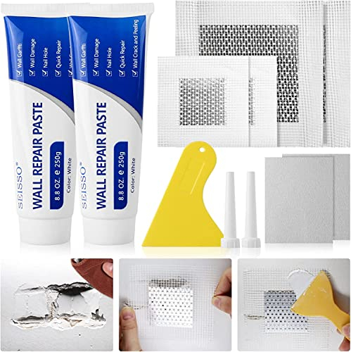 SEISSO Crème Réparation Murale, Enduit de Rebouchage Pâte de Murs, 4 patchs Dautocollants Muraux, Répare Efficacement les Rayures, Trous, Fissures, Graffitis Sur les Murs(250g*2)