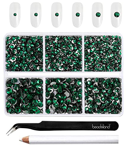 Beadsland SS6-SS20 Lot de 4300 strass ronds à dos plat pour bricolage avec pince à épiler et stylo à cire Vert émeraude 6 tailles