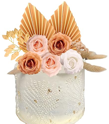 REYOK 13pcs Champagne Rose Cake Decoration,Dried Flowers for Cake,Artificial Rose Flower Cake Toppers for DIY Birthday Party Wedding Valentine's Day Cakes
