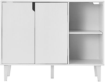 Panana Side Cabinet Wooden Storage Cabinet for Living Room TV Unit with 2 Doors Open Shelf (White)