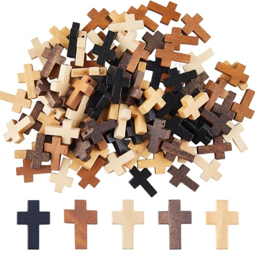 SUNNYCLUE 100 Stück Kreuz Charms Große Holz Kreuzperlen Natürliche Holz Kreuzperlen Mini Anhänger Klein Schwarz Weiß Taschenkreuze Rosenkranz Kruzifix Osterferien Charms Für Die Schmuckherstellung Cha