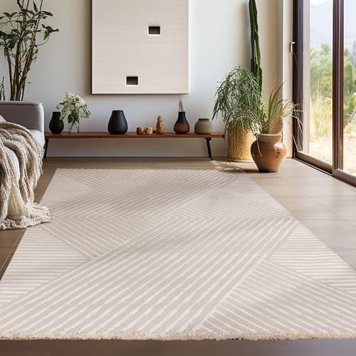 Teppium Moderner Kurzflor Teppich Wohnzimmer 250x350 (240 x 340 cm) Beige - 3D Boho Teppich Waschbar, Skandinavisches Stil, Geometrisch und Weich - für Schlafzimmer, Esszimmer oder Küche