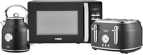 Tower Renaissance Kitchen Set, 1.7L Quite Boil Kettle & 4 Slice Toaster & 20L Microwave, Black, T10063BLK, T20065BLK, T24039BLK