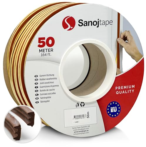 Sanojtape Dichtungsband E-Profil Braun 50 Meter Selbstklebende EPDM-Gummidichtung Ideal Dämmung Isolierung Fenstern Türen