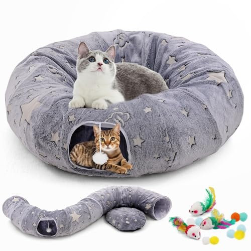Cat Tunnel Bed for Indoor Cats,Fluffy Cat Bed Tunnel for Large cats,Multifunctional Cat Tunnel Donut Cave with Cat Toy 90CM for Small,Medium and Large Cats