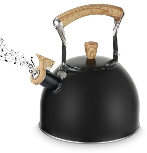 BEZORR Whistling Kettle, 3 Liter Stainless Steel Tea Kettle,Stove Induction Kettle with Wood Grain Handle for Kitchen Gas Hob, Induction Cooker, Gas, Electric, Halogen Stovetops, Black