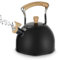 BEZORR Whistling Kettle, 3 Liter Stainless Steel Tea Kettle,Stove Induction Kettle with Wood Grain Handle for Kitchen Gas Hob, Induction Cooker, Gas, Electric, Halogen Stovetops, Black